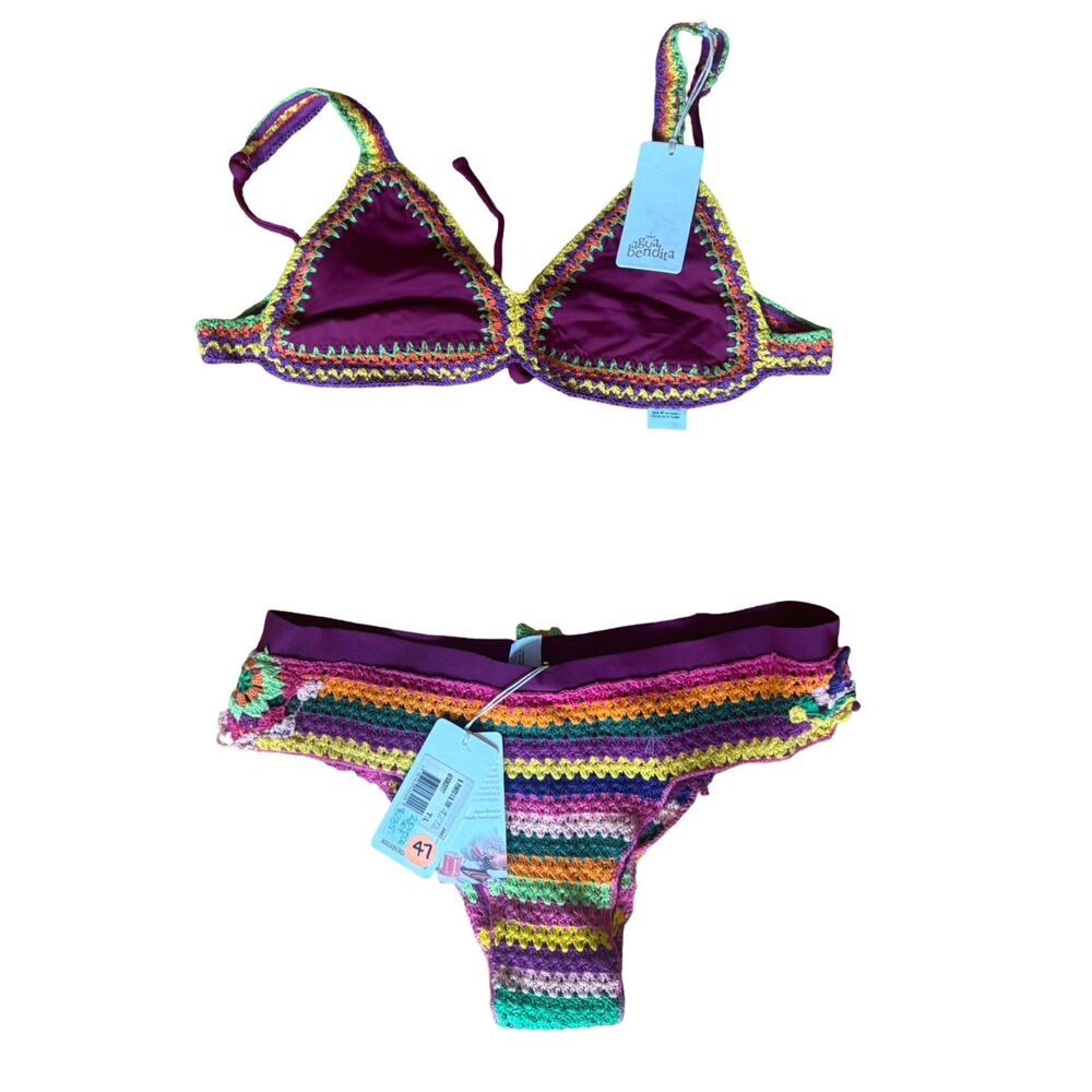 Agua Bendita B. Punto Crochet Bikini Set NWT Multicolor 2 Piece Swimsuit Sz L
